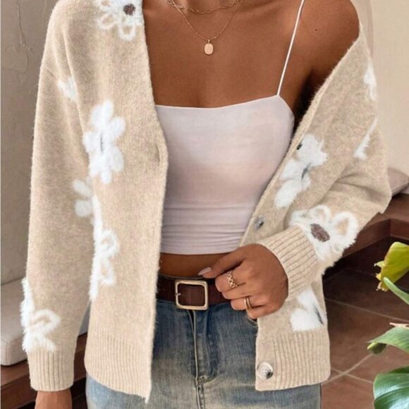 New V neck floral print button down cardigan sweater - Picture 4 of 7